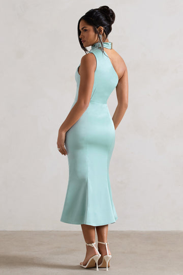 Golden Girl Mint Satin One Shoulder High-Neck Flared Midi Dress